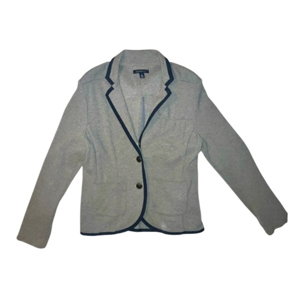 Land’s End Cotton Blazer Suit Jacket Grey With Navy Trim Size 8